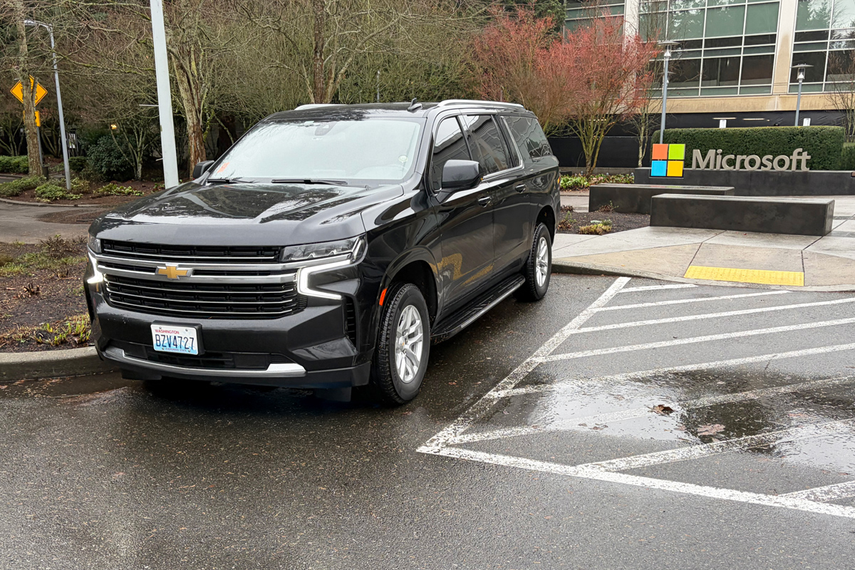 Executive SUV parked near Microsoft campus in Redmond, Washington, providing corporate chauffeur transportation.