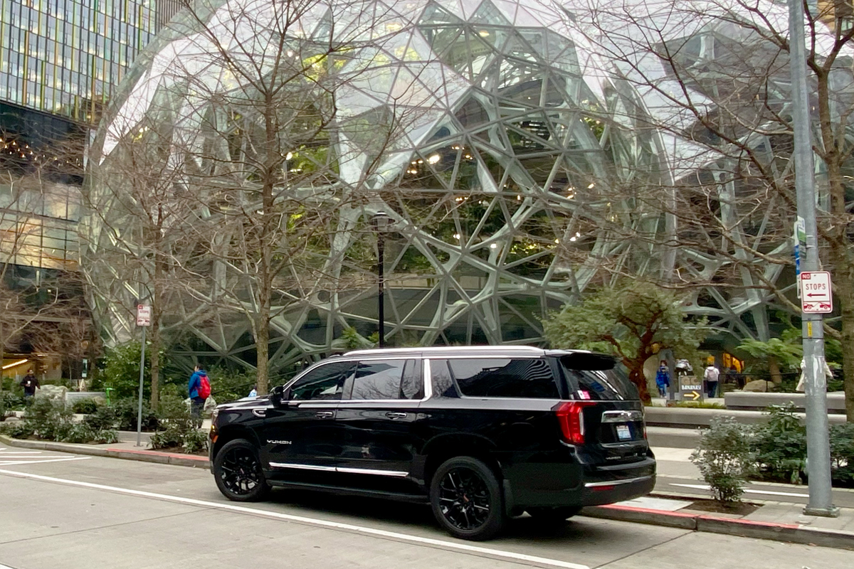Black SUV outside the Amazon Spheres for Seattle executive and corporate event transportation